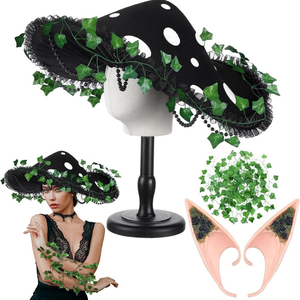 Black Polka Dot Witch Hat with Green Ivy Accent - Women's Costume Accessory